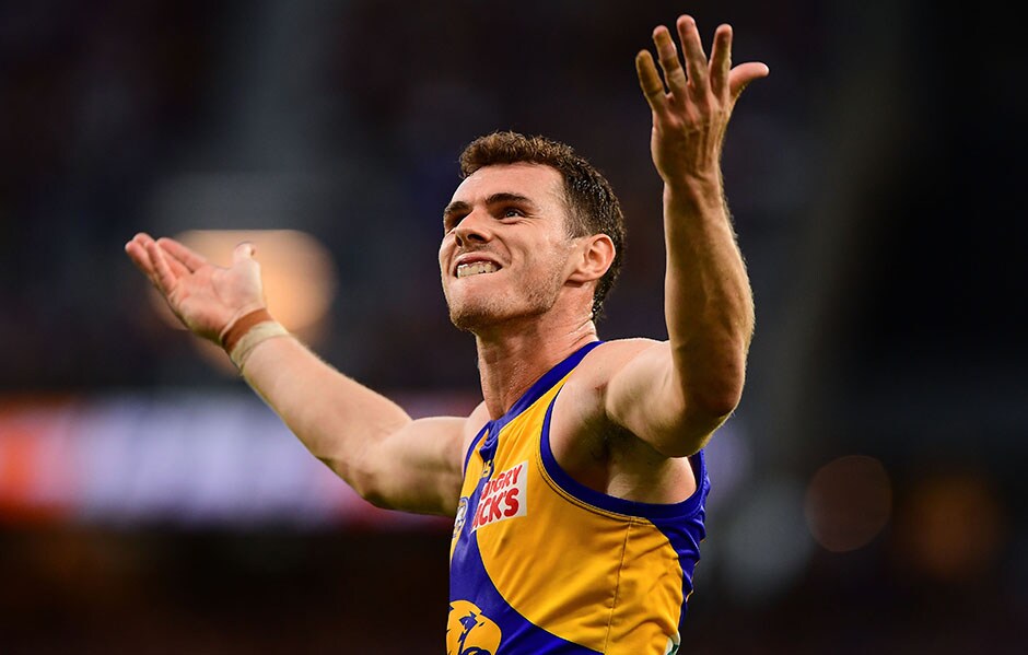 AFL 2019 Round 02 - West Coast v GWS PERTH, AUSTRALIA - MARCH 30: Luke Shuey of the Eagles celebrates after scoring a goal during the 2019 AFL round 02 match between the West Coast Eagles and the GWS Giants at Optus Stadium on March 30, 2019 in Perth, Australia. (Photo by Daniel Carson/AFL Photos)